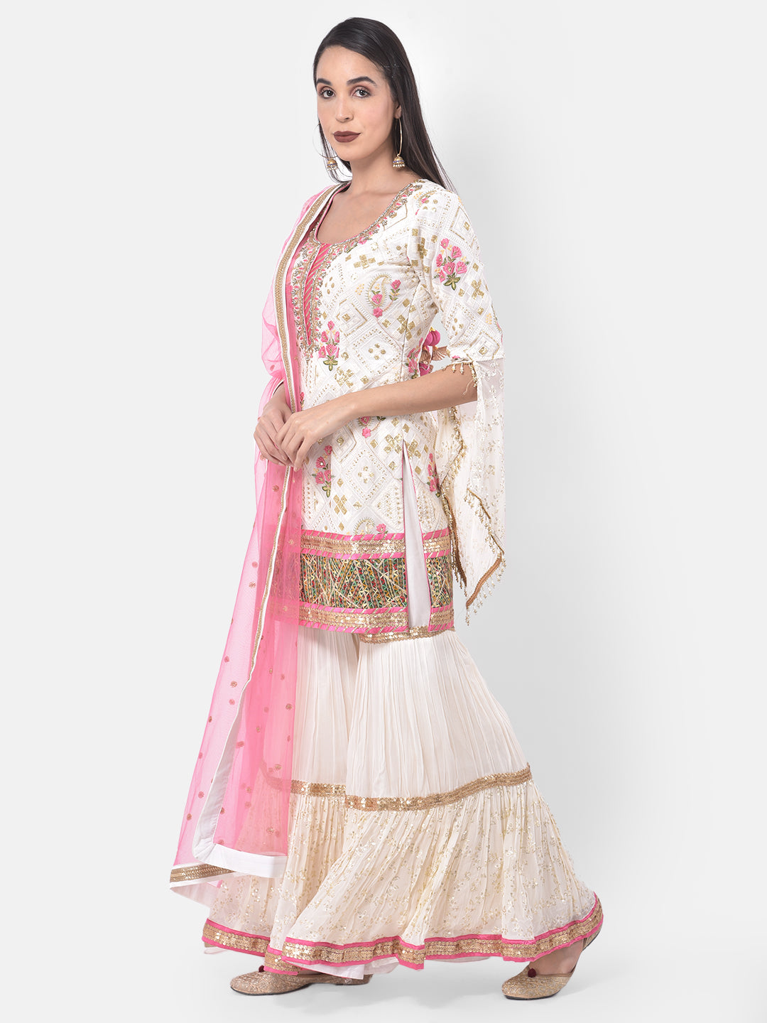 Neerus White Georgette Embroidered Sharara Set - side view