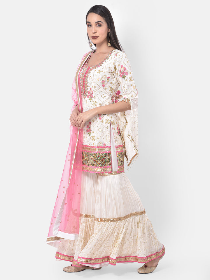Neerus White Georgette Embroidered Sharara Set - side view