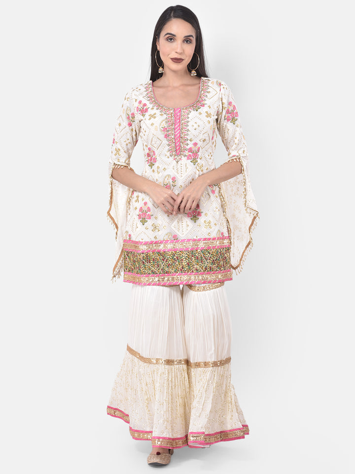 Neerus White Georgette Embroidered Sharara Set - detail view 6