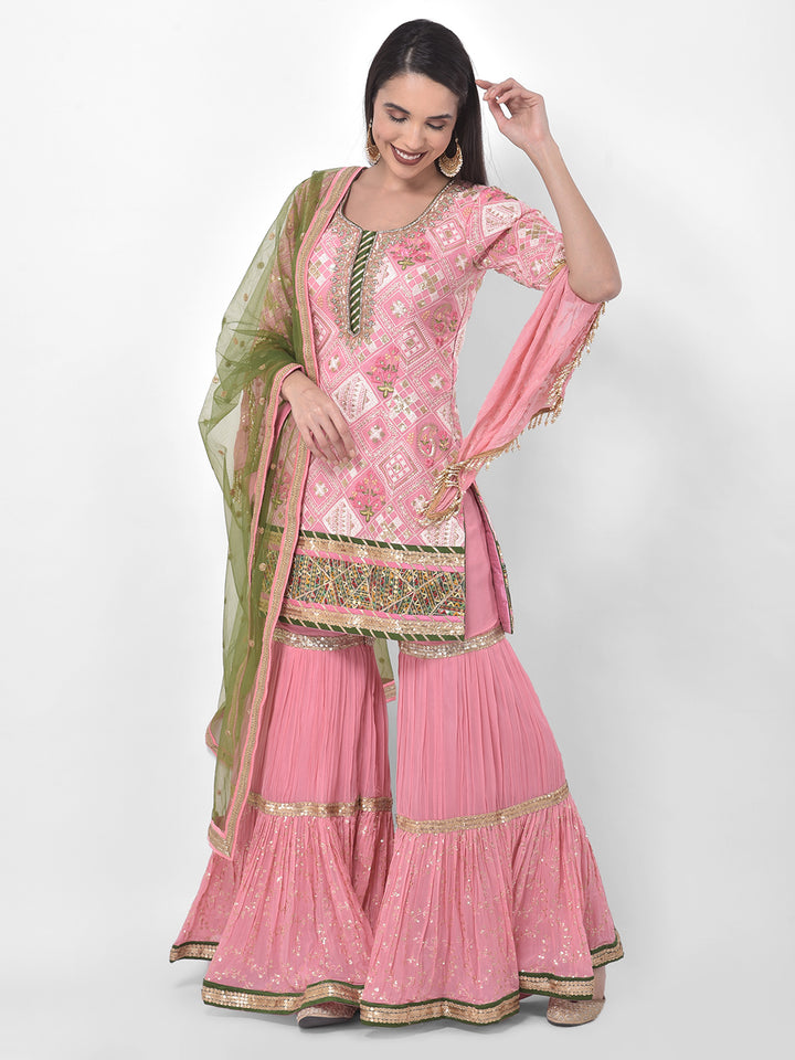 Neerus Pink georgette embroidered sharara set - detail view 5