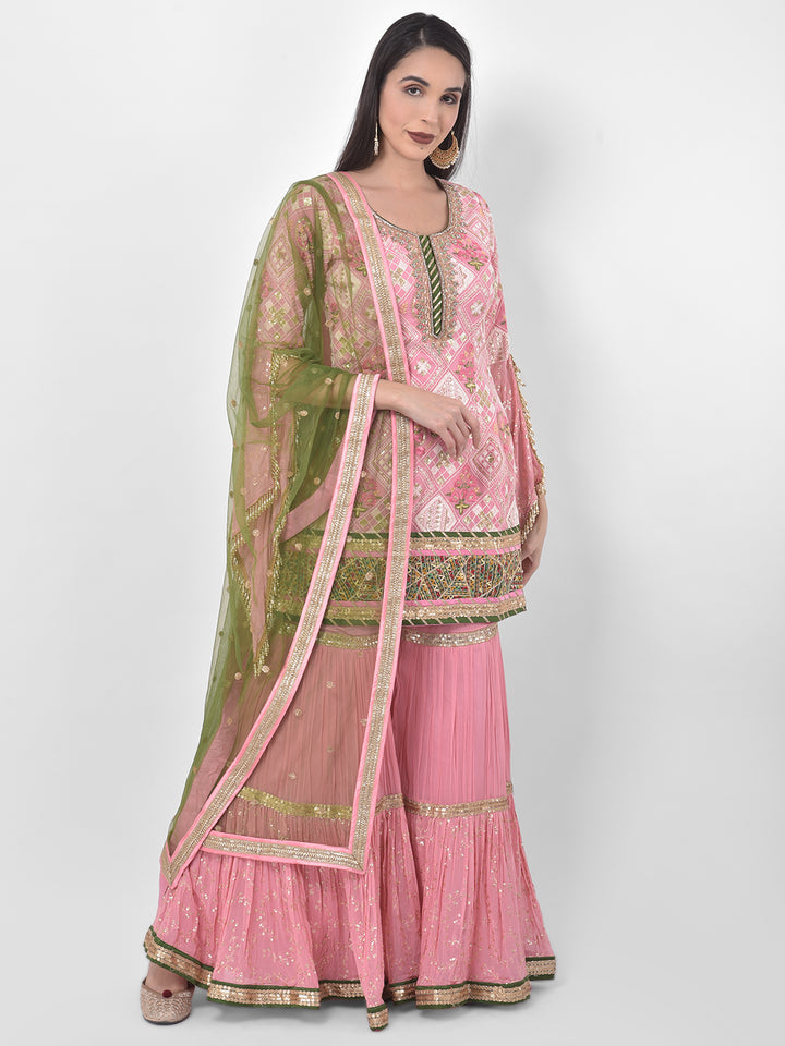 Neerus Pink georgette embroidered sharara set - front view