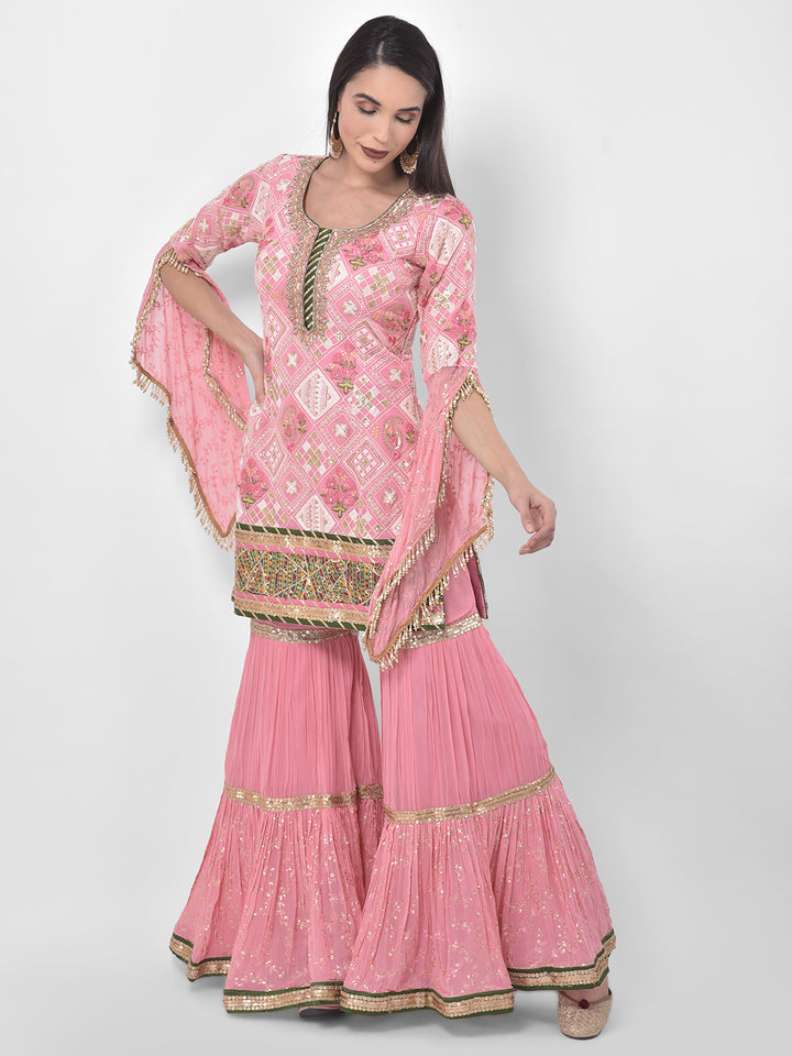Neerus Pink georgette embroidered sharara set - detail view 4