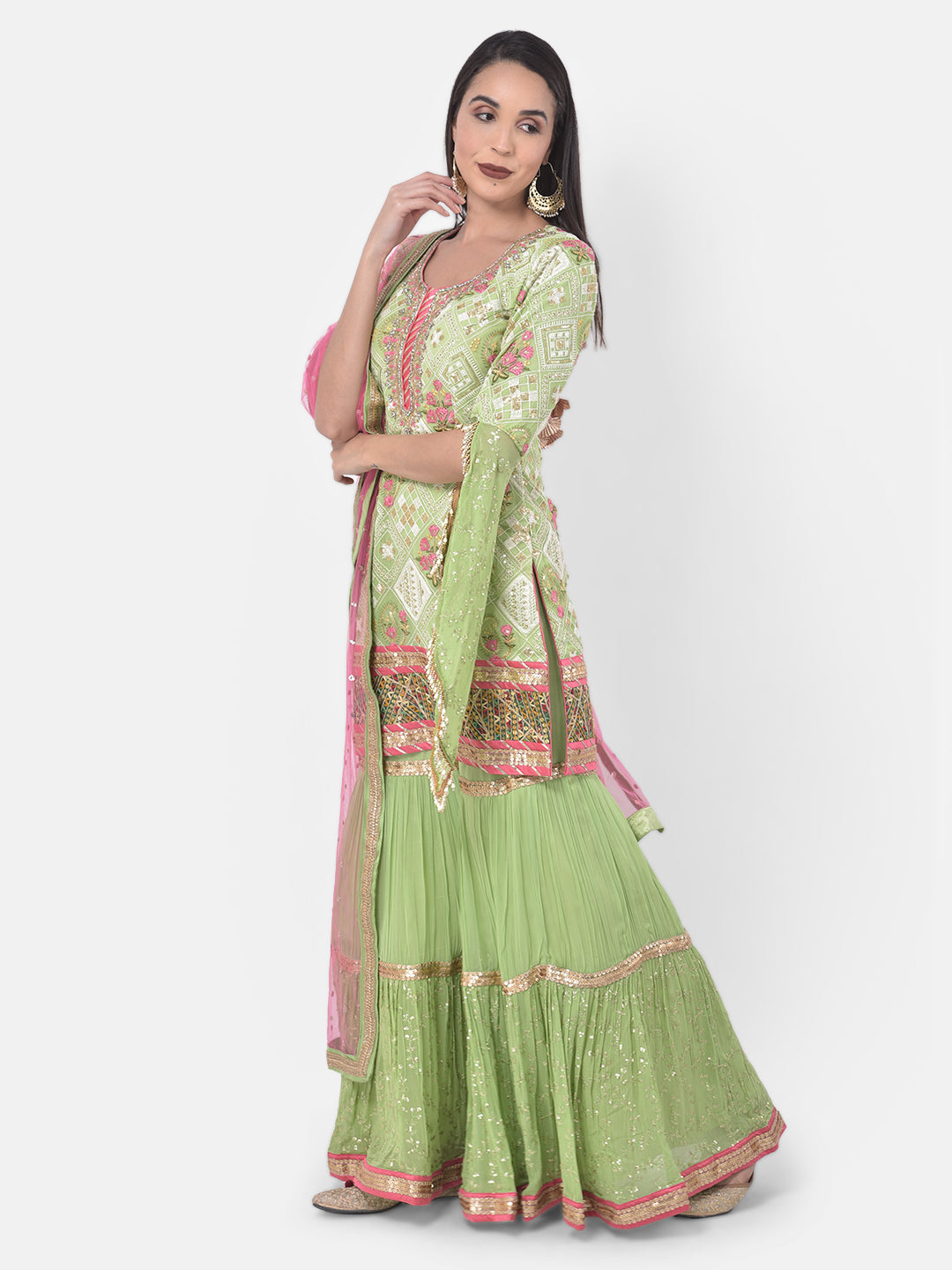 Neeru'S Pista Color Georgette Fabric Suit-Gharara