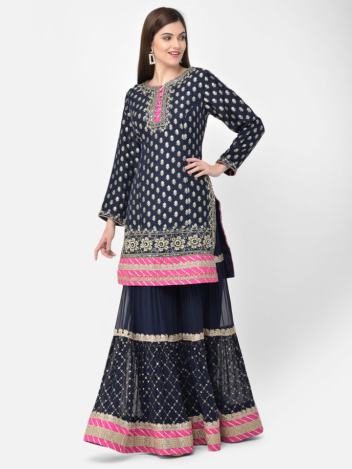 Neerus'S Navy Blue Color Banaras Fabric Suit-Gharara