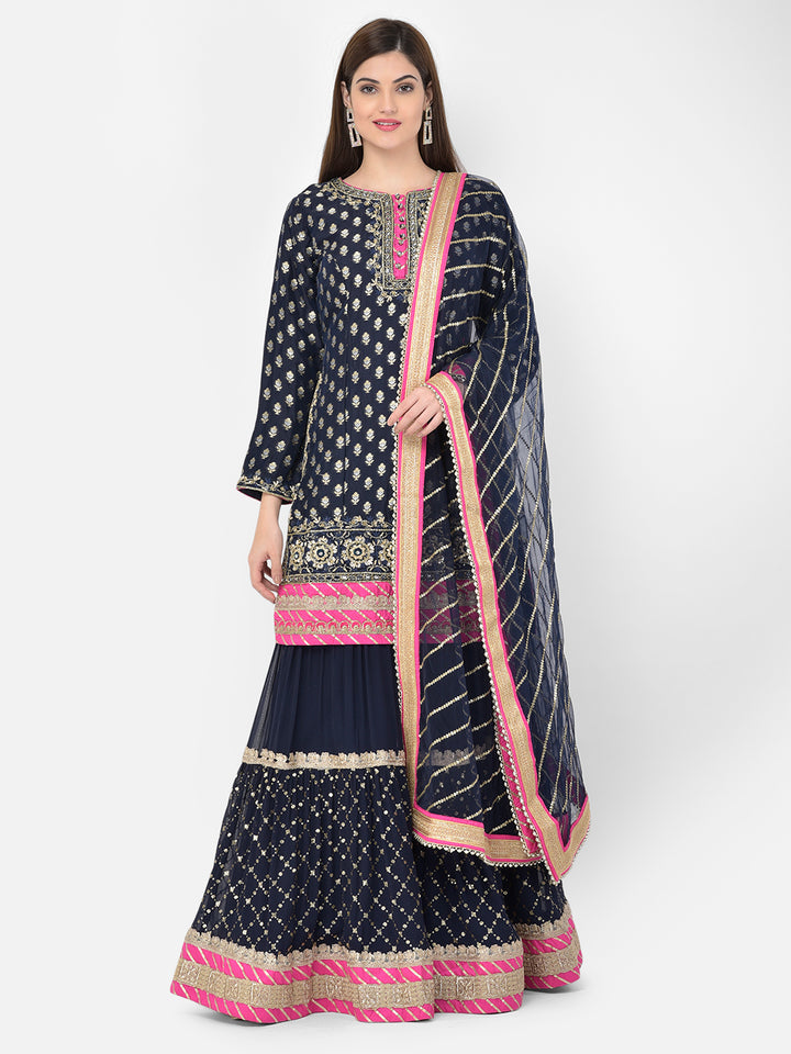 Neerus'S Navy Blue Color Banaras Fabric Suit-Gharara