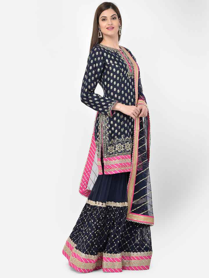 Neerus'S Navy Blue Color Banaras Fabric Suit-Gharara