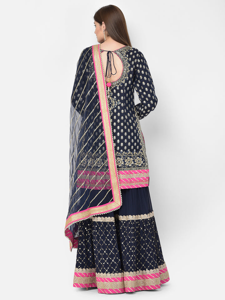 Neerus'S Navy Blue Color Banaras Fabric Suit-Gharara