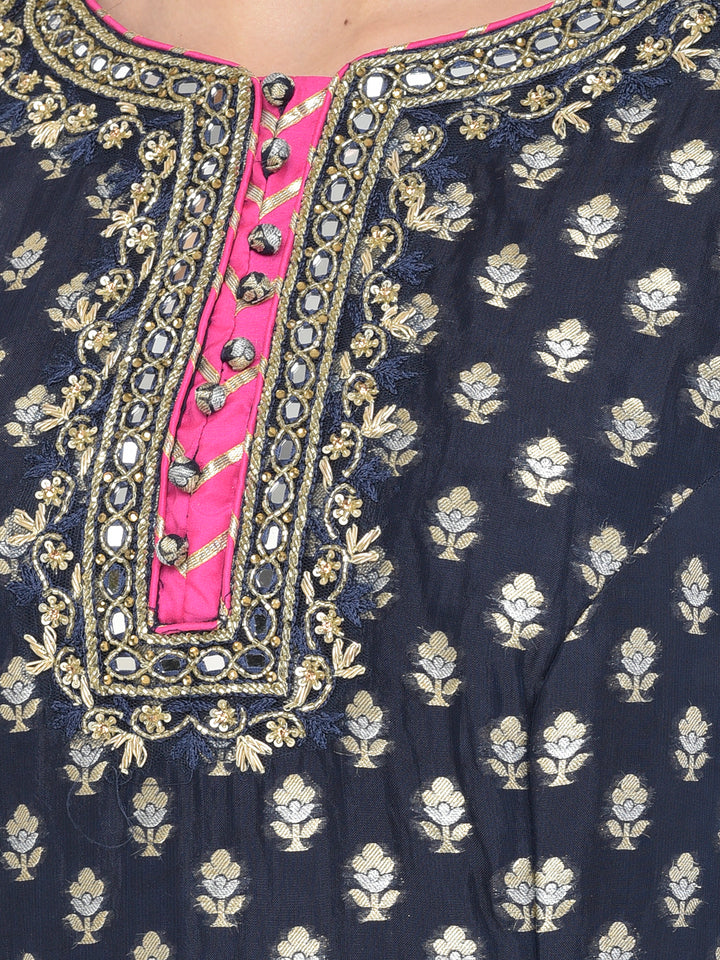 Neerus'S Navy Blue Color Banaras Fabric Suit-Gharara