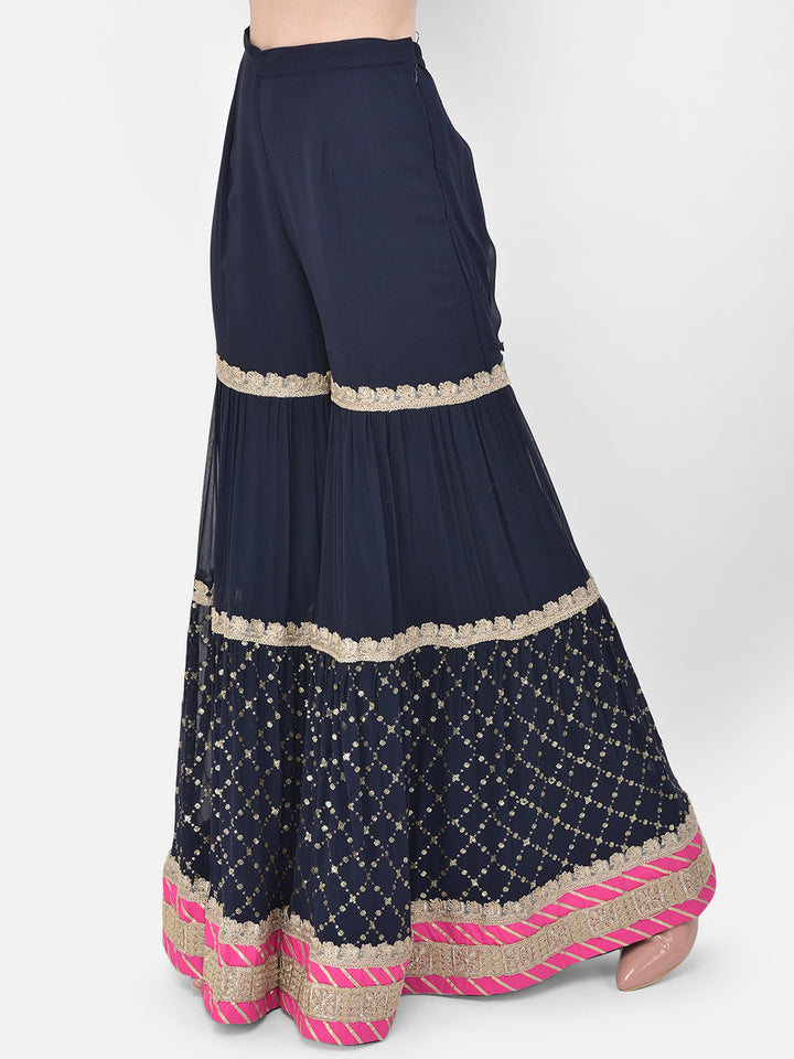 Neerus'S Navy Blue Color Banaras Fabric Suit-Gharara