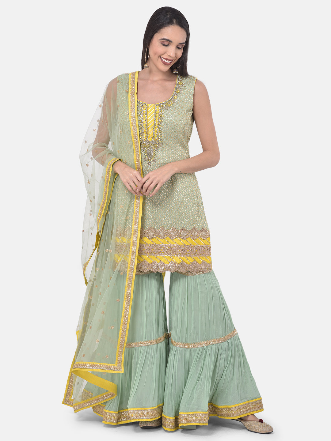 Neerus Pista Color Georgette Fabric Suit-Gharara