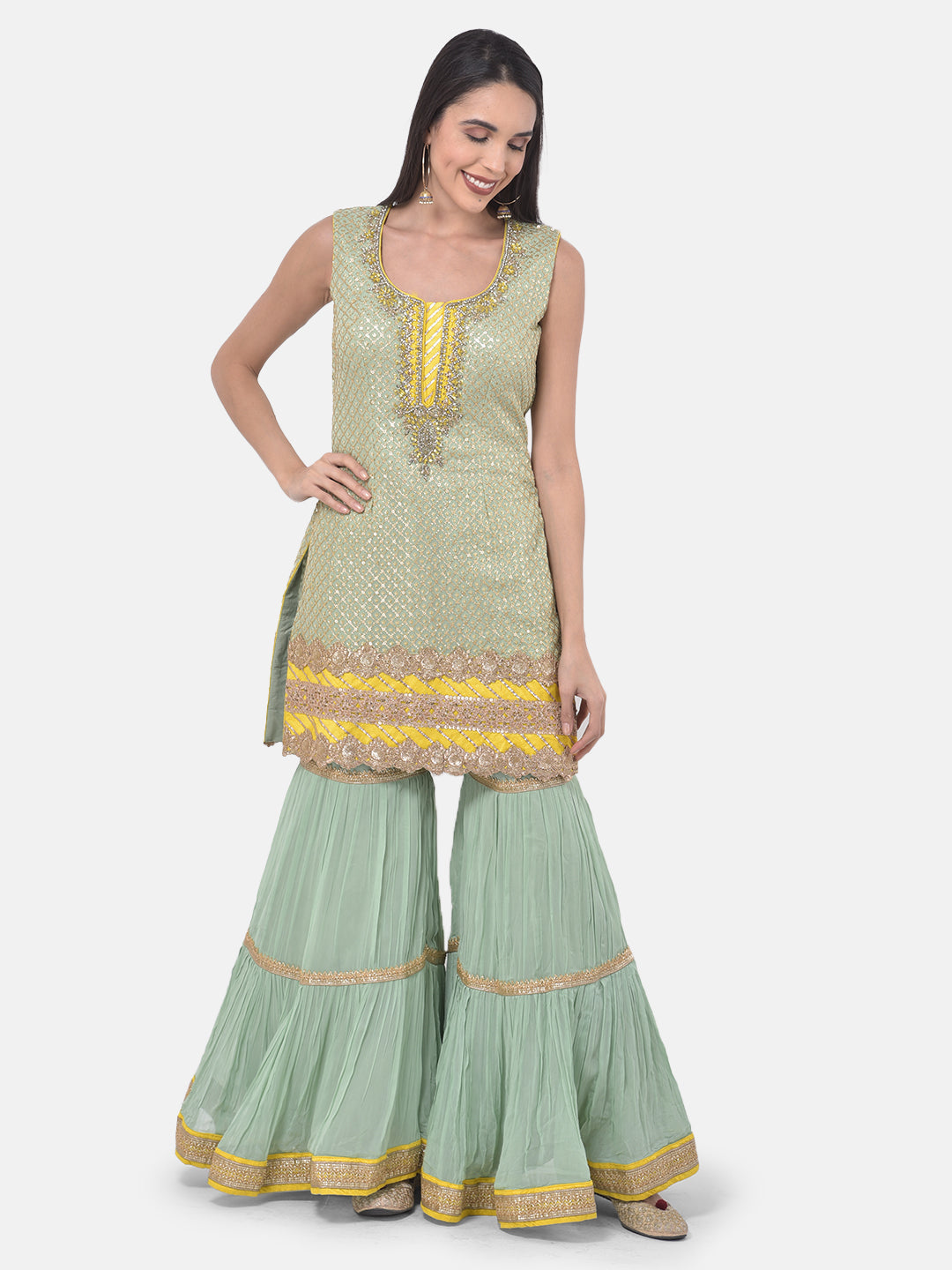 Neeru'S Pista Color Georgette Fabric Suit-Gharara