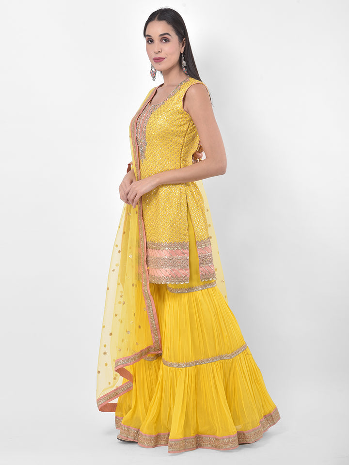 Neerus Yellow Colour Georgette Fabric Suit-Gharara