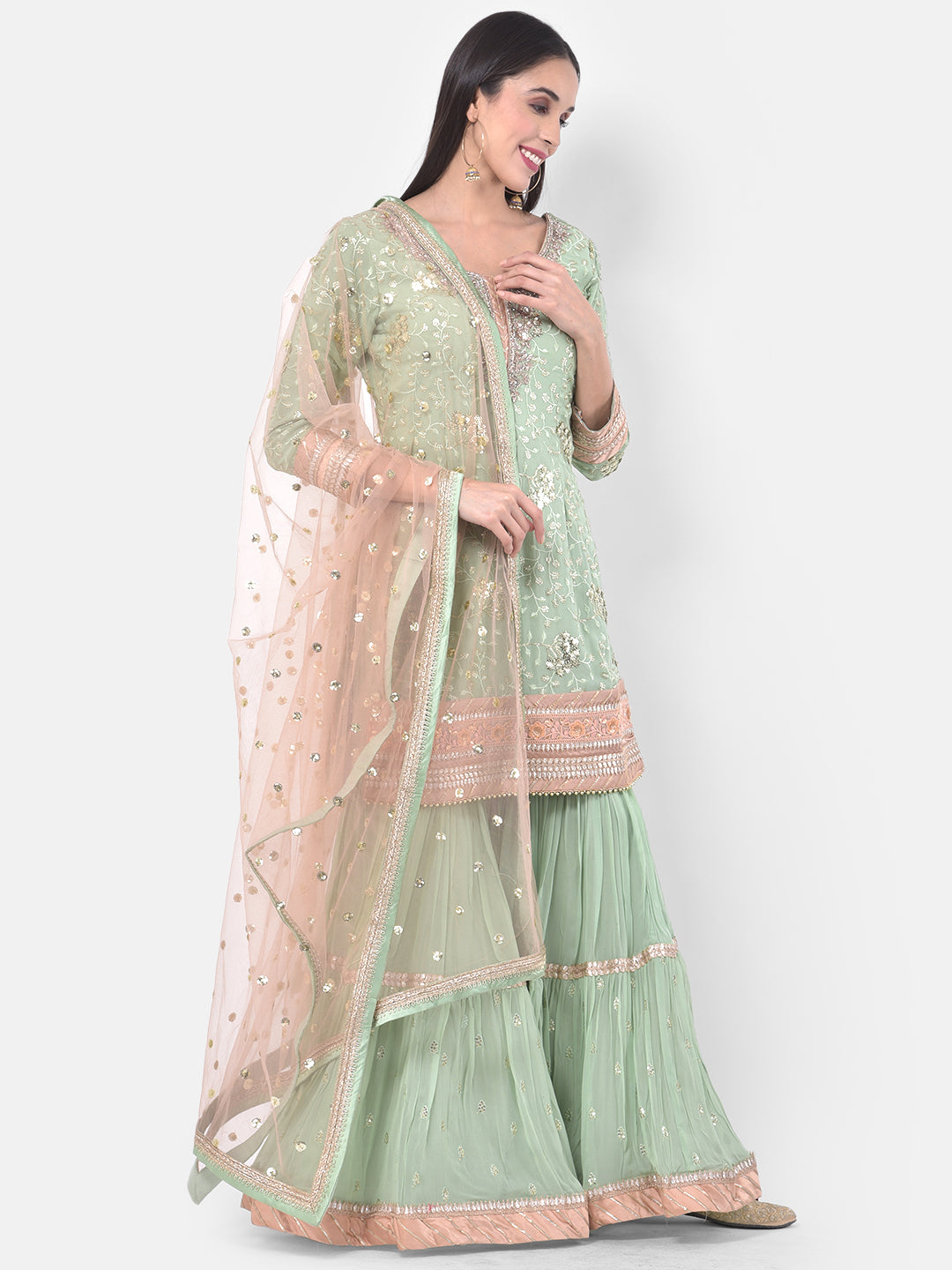 Neerus Green Georgette Embroidered Sharara Set - front view