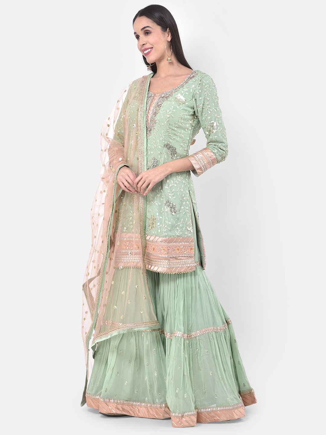 Neerus Green Georgette Embroidered Sharara Set - back view