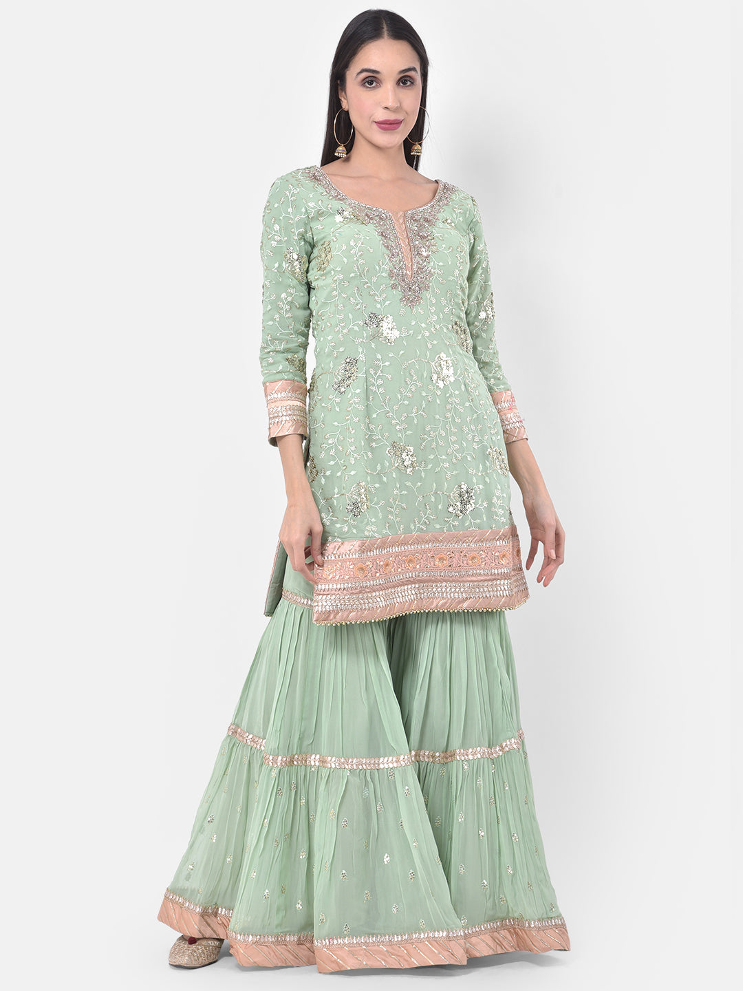 Neerus Green Georgette Embroidered Sharara Set - detail view 4
