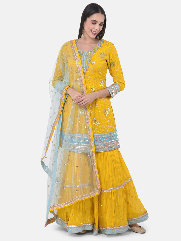 Neerus Yellow Colour Georgette Fabric Suit-Gharara