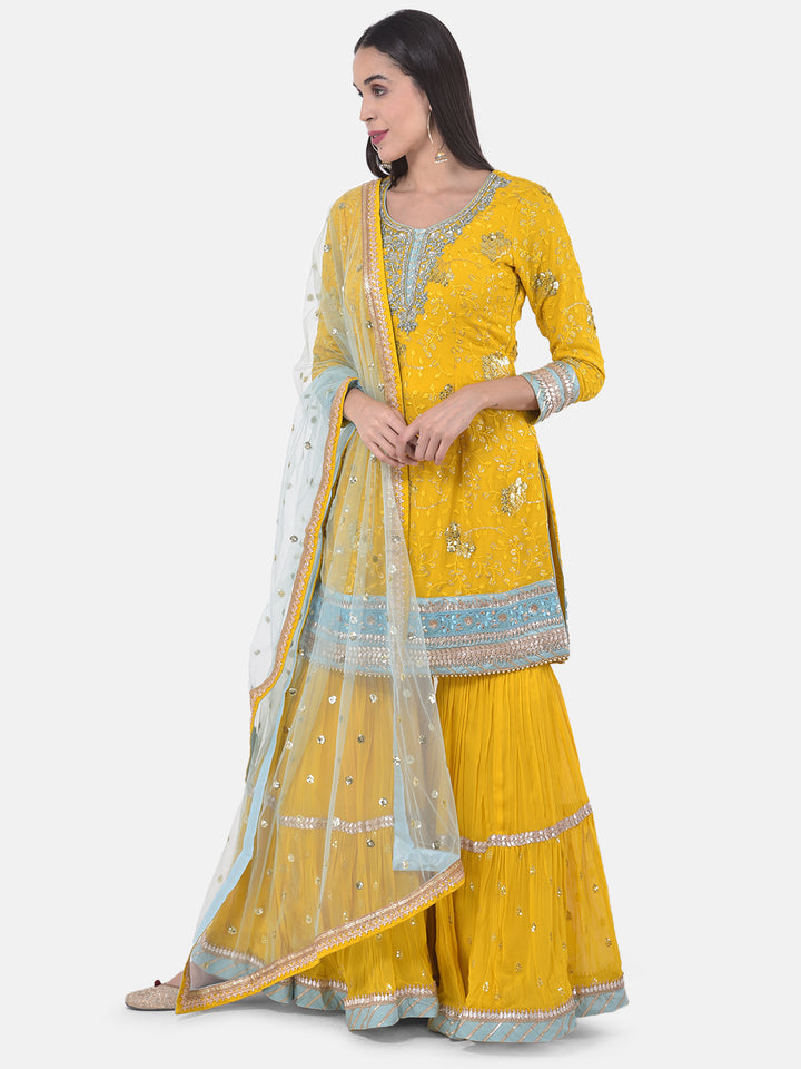 Neerus Yellow Colour Georgette Fabric Suit-Gharara