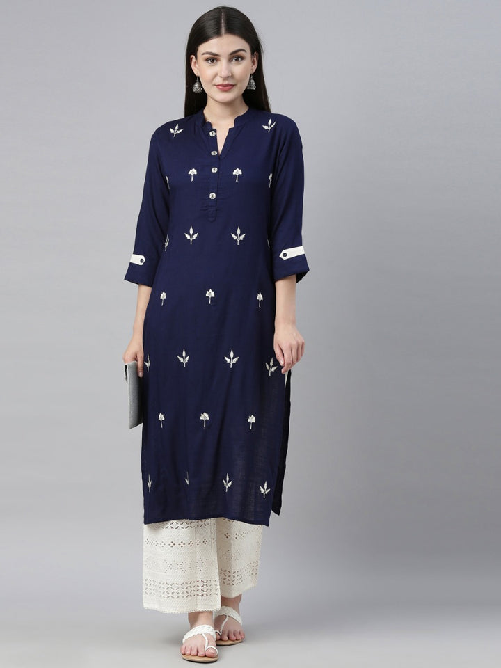 Neerus Navy & Off White Embroidered Kurta & Palazzo Set