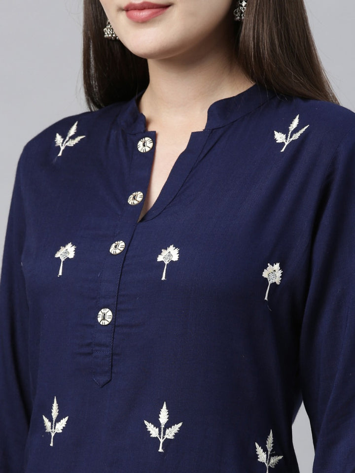 Neerus Navy & Off White Embroidered Kurta & Palazzo Set
