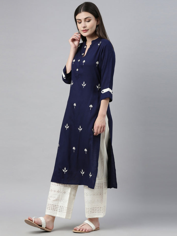 Neerus Navy & Off White Embroidered Kurta & Palazzo Set