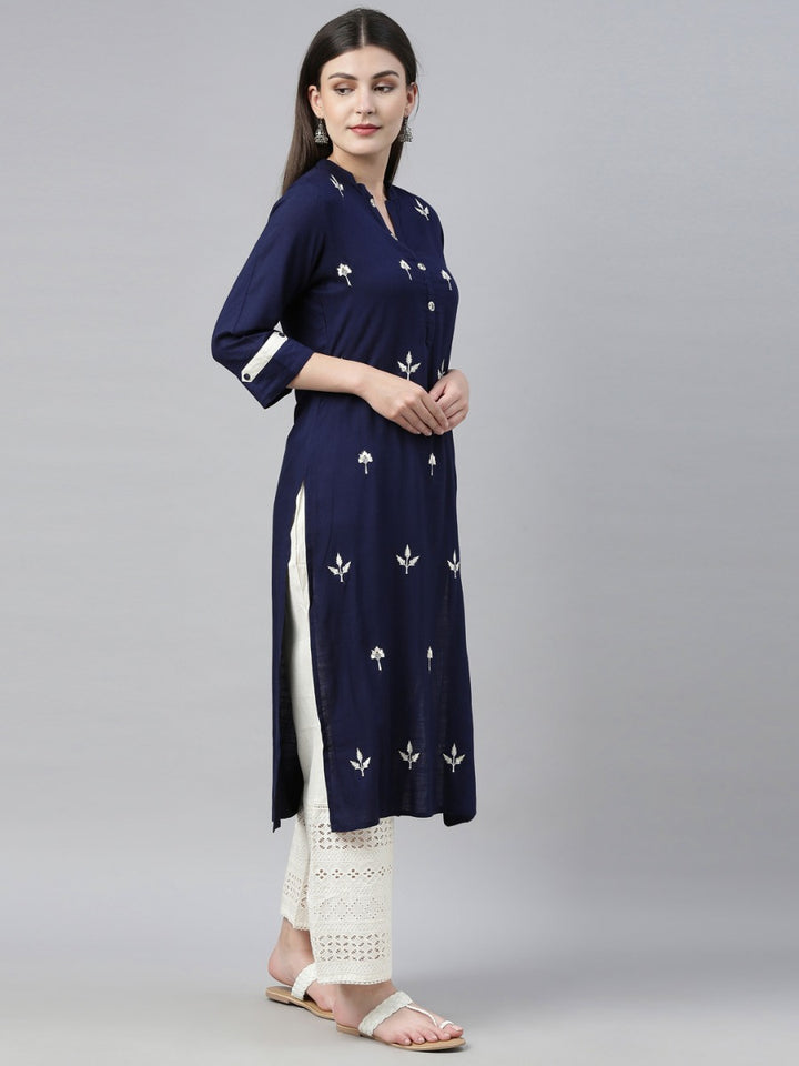 Neerus Navy & Off White Embroidered Kurta & Palazzo Set