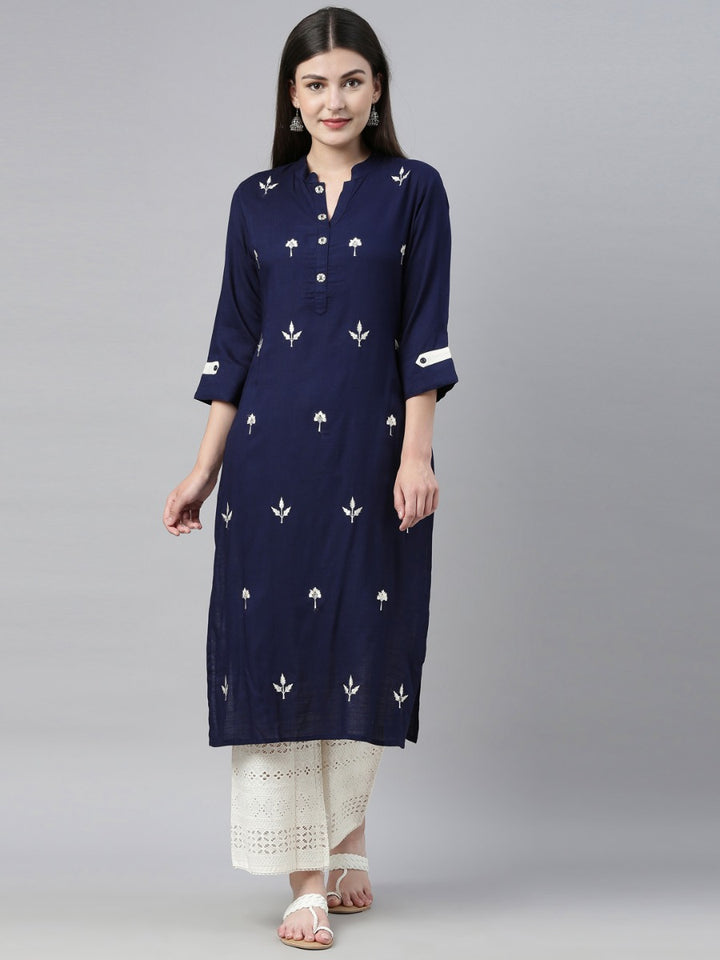 Neerus Navy & Off White Embroidered Kurta & Palazzo Set