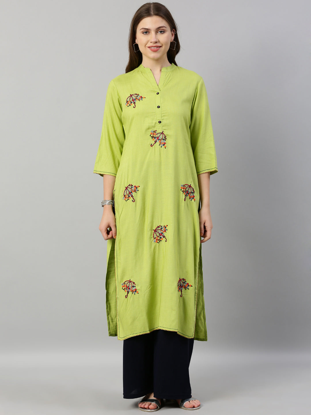 Neerus Green rayon embroidered straight kurta - front view