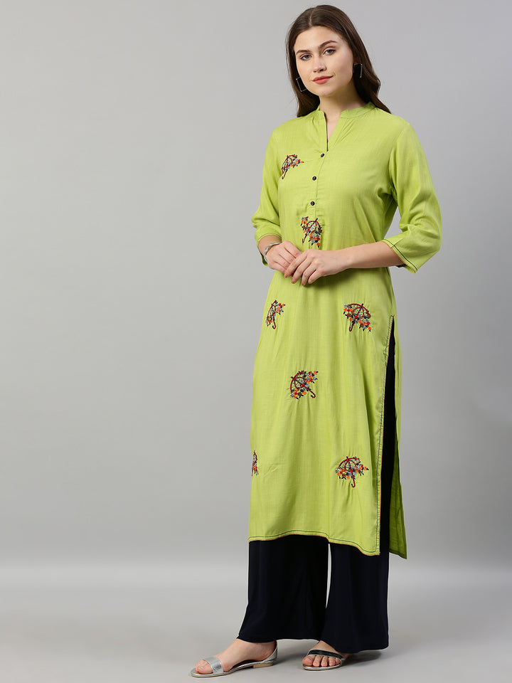 Neerus Green rayon embroidered straight kurta - detail view 1
