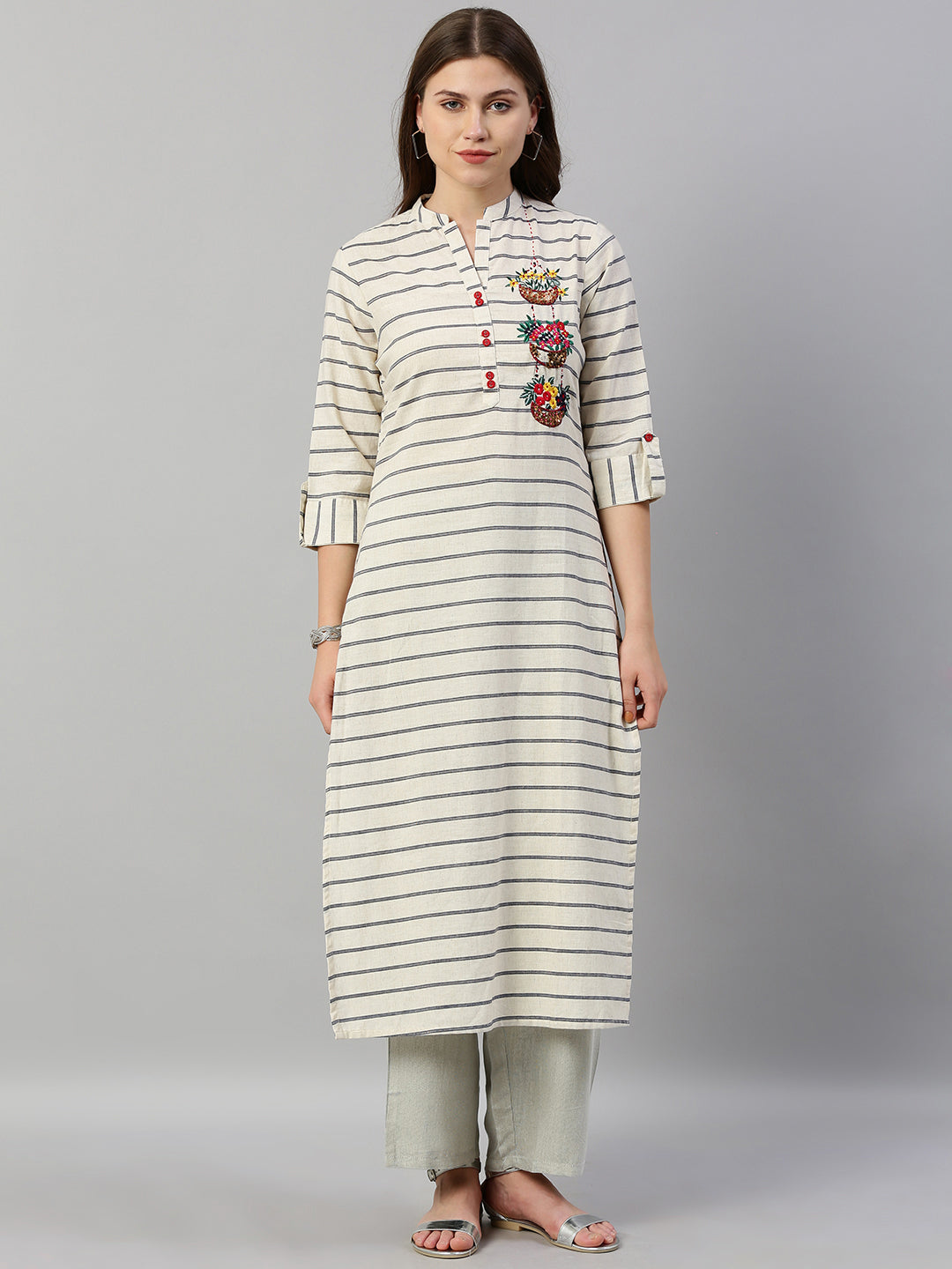 Neerus White cotton printed straight kurta - front view