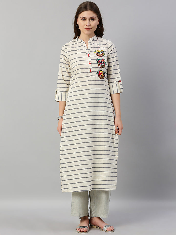 Neerus White cotton printed straight kurta - front view