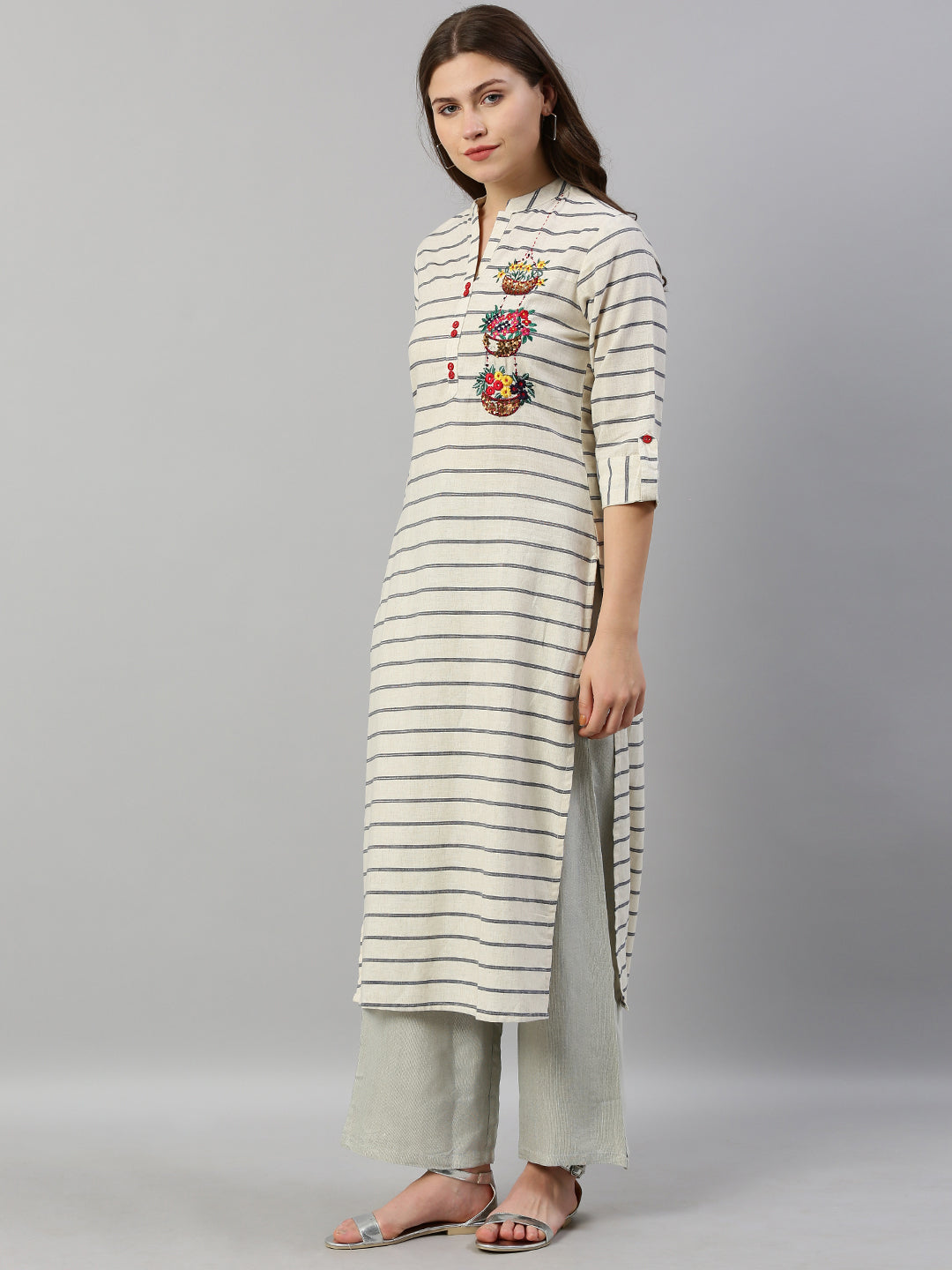 Neerus White cotton printed straight kurta - detail view 1