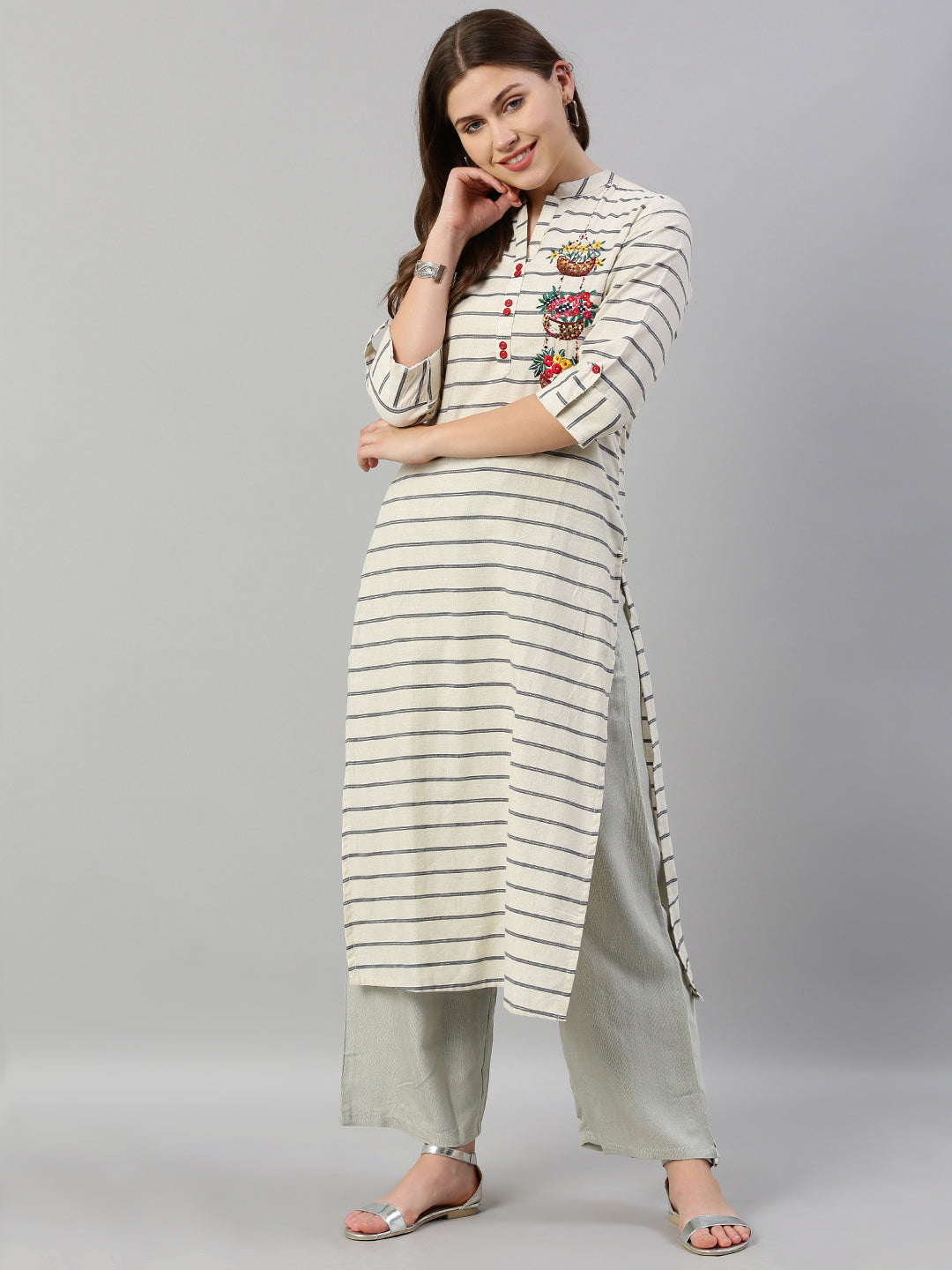 Neeru's White Striped Straight Kurta