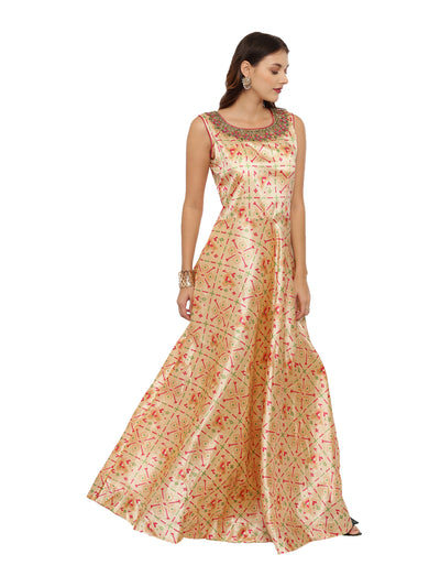 Neeru's Beige Color Silk Fabric Sleeveless Suit-Anarkali