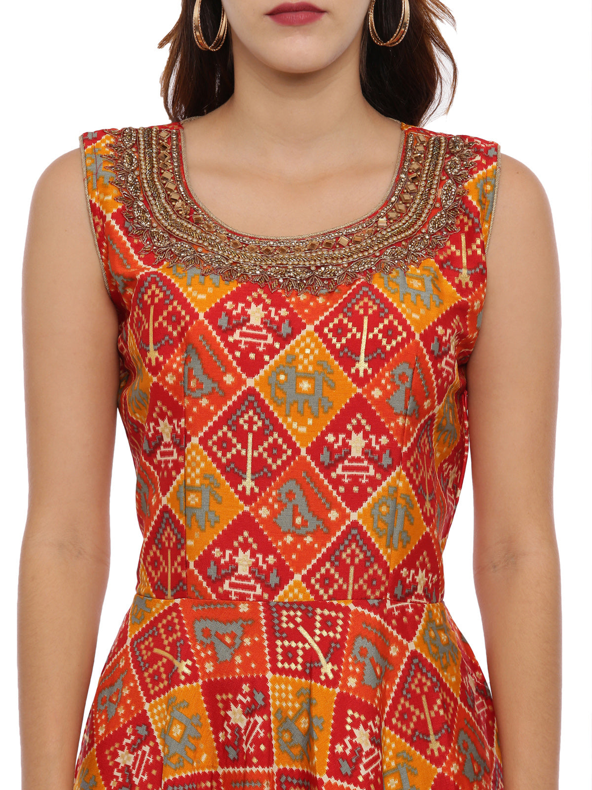 Neeru's Red Color Silk Fabric Sleeveless Suit-Anarkali