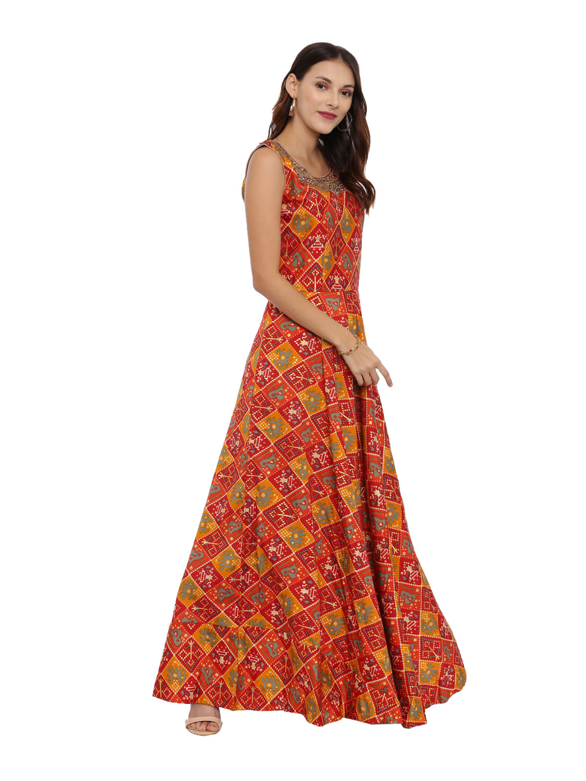 Neeru's Red Color Silk Fabric Sleeveless Suit-Anarkali
