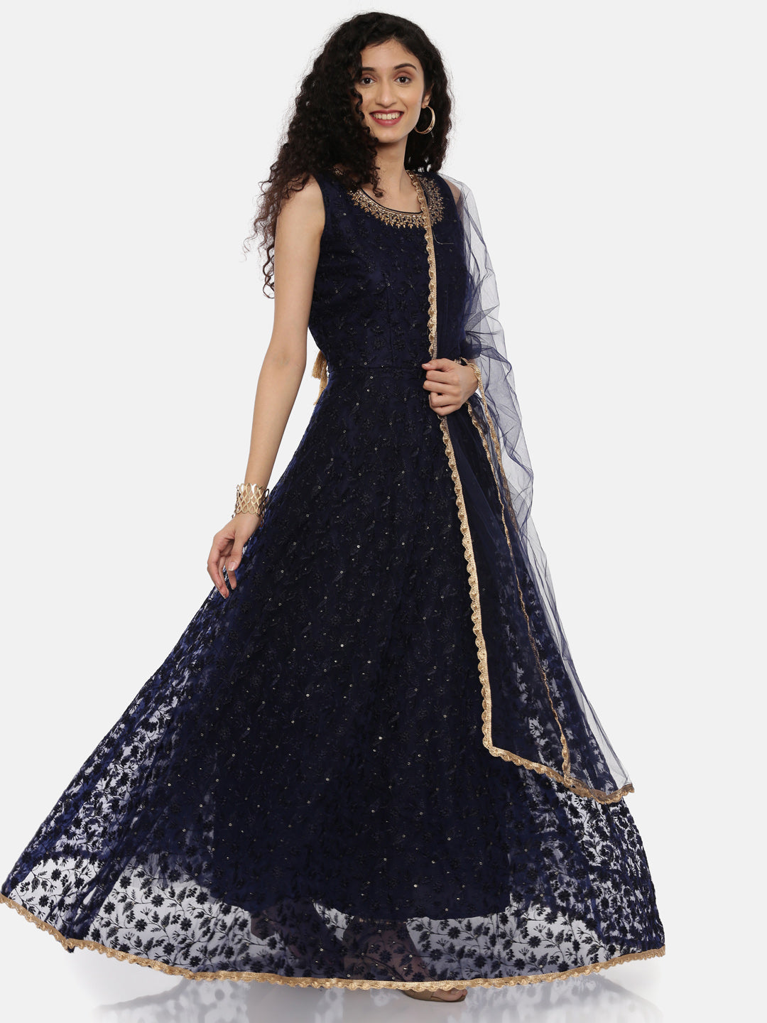 Neerus Blue Embroidered Anarkali Kurta With Dupatta
