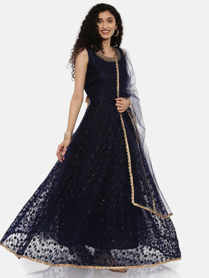 Neerus Blue Embroidered Anarkali Kurta With Dupatta