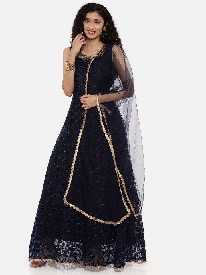 Neerus Blue Embroidered Anarkali Kurta With Dupatta
