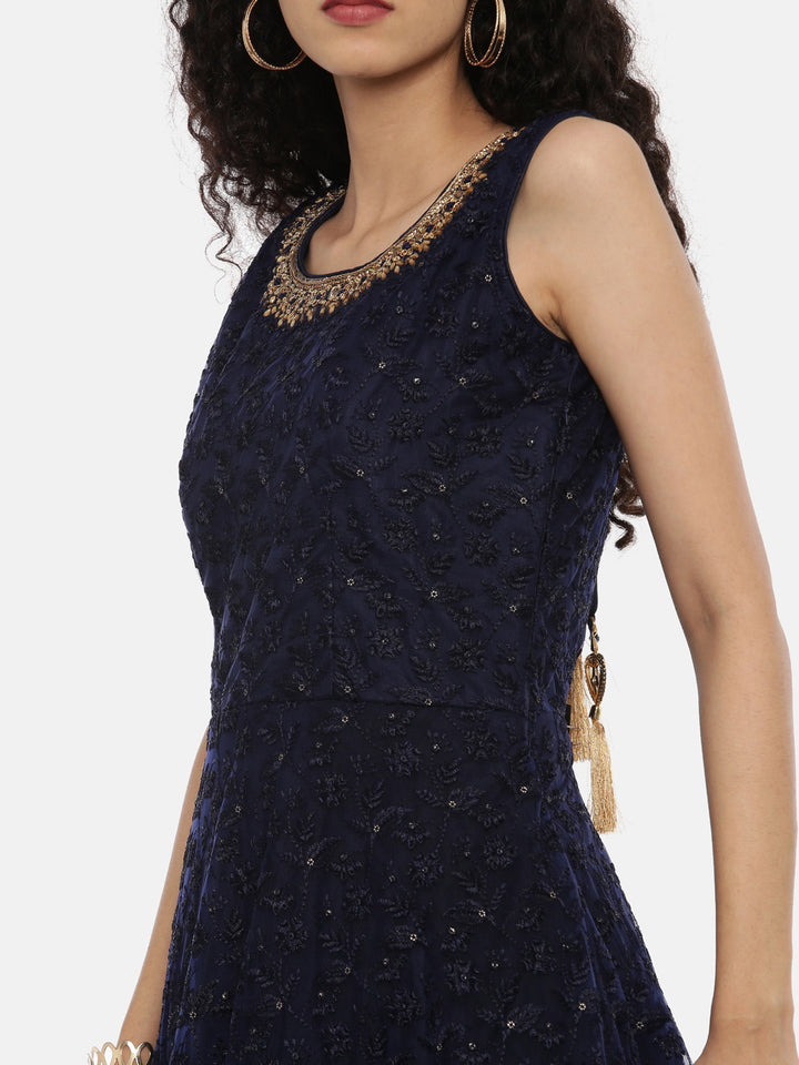 Neerus Blue Embroidered Anarkali Kurta With Dupatta