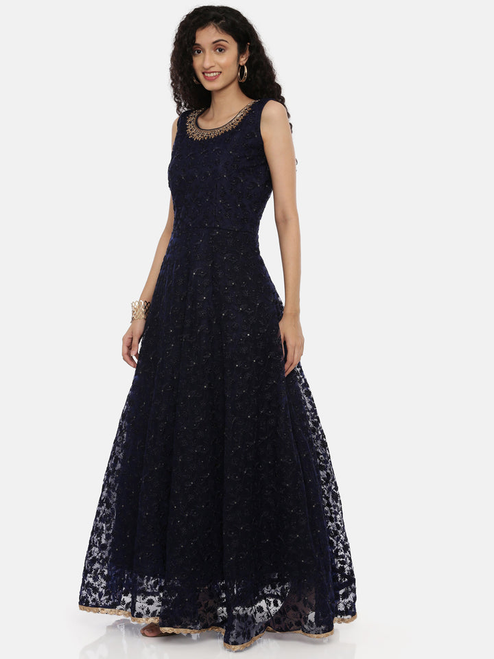 Neerus Blue Embroidered Anarkali Kurta With Dupatta