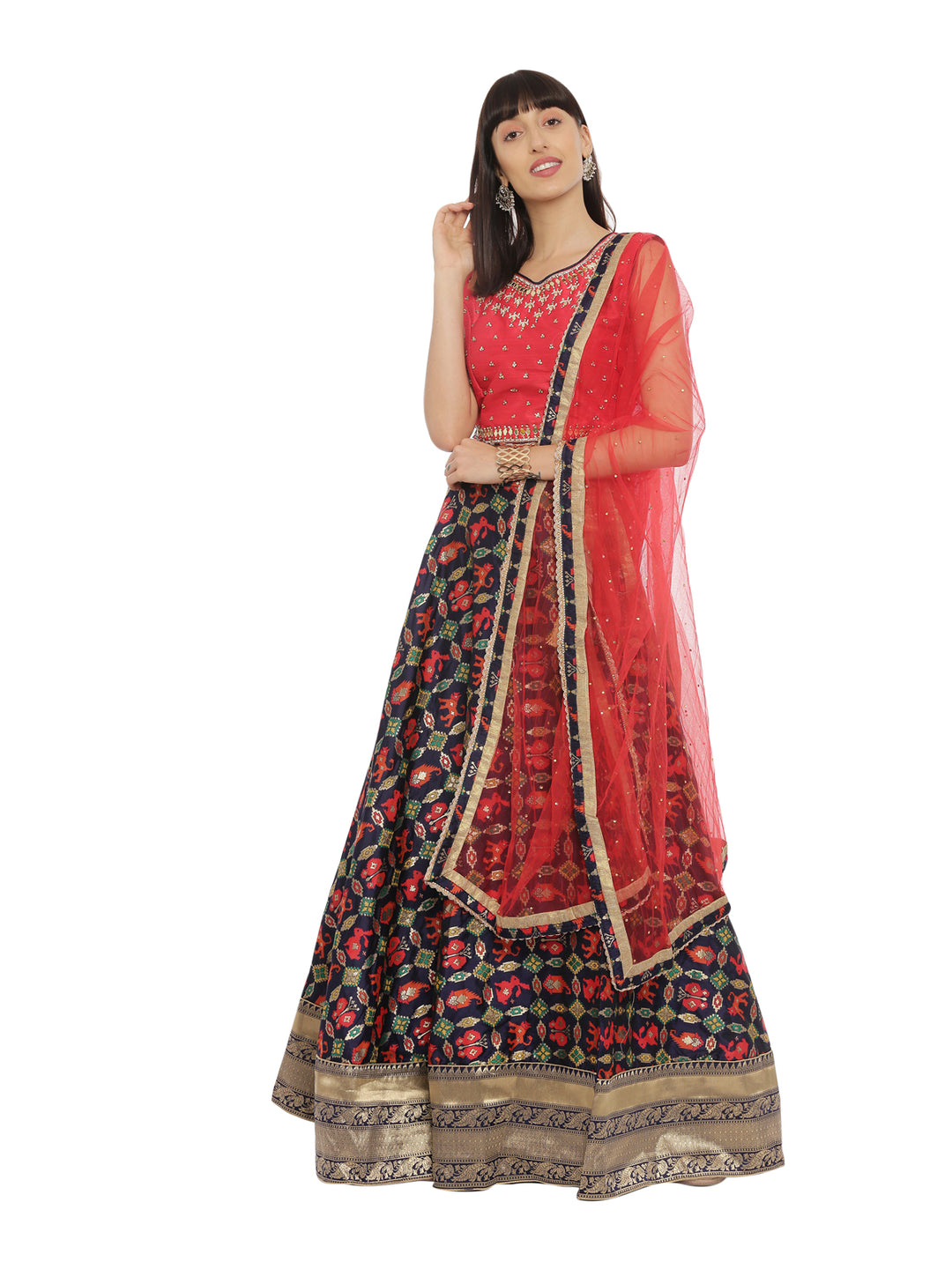 Neerus Red embellished flared lehenga set - front view