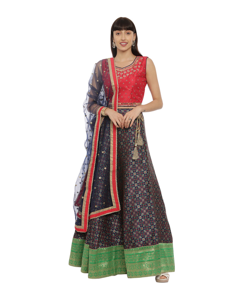 Neerus Red & Blue Embellished Lehenga Set
