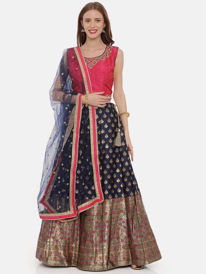 Neerus Pink Banarasi woven lehenga set - front view