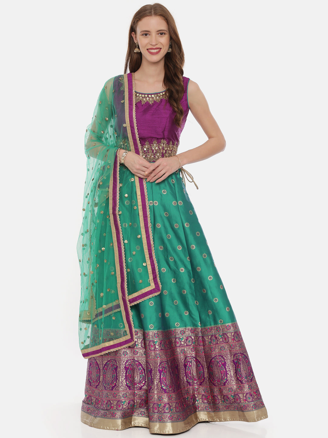 Neeru'S Purple Green Color,Banaras Fabric Ghagra Set