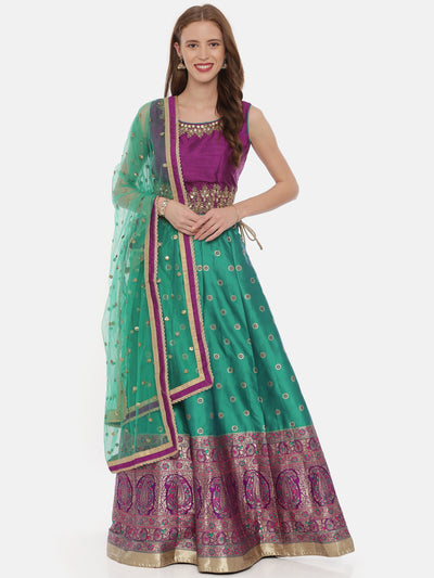 Neeru'S Purple Green Color,Banaras Fabric Ghagra Set