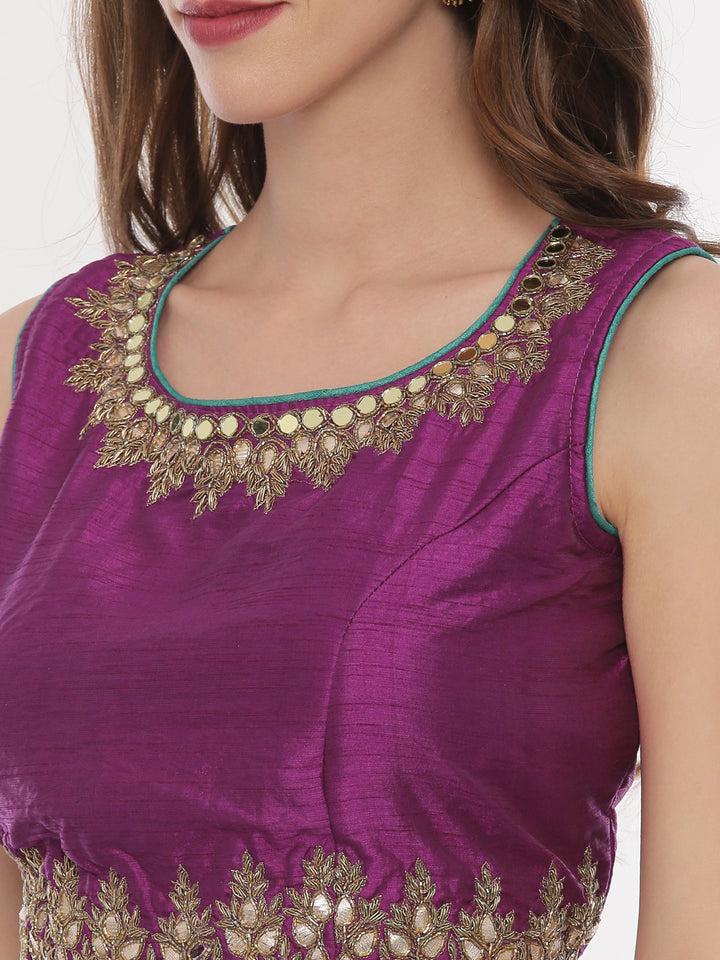 Neerus Purple Banarasi woven lehenga set - back view