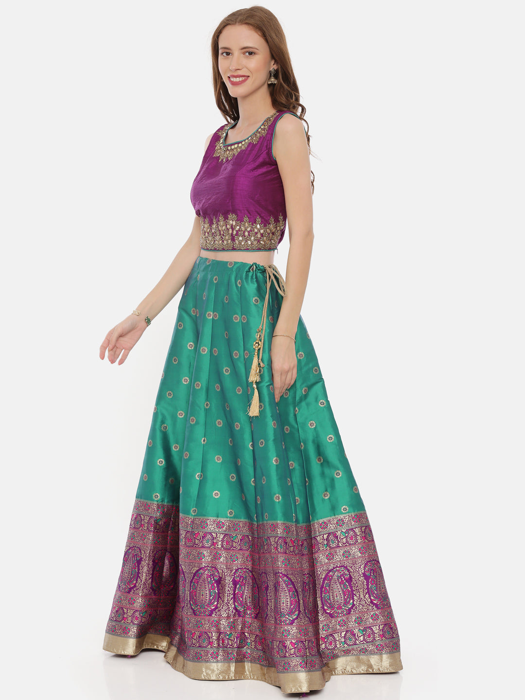 Neeru'S Purple Green Color,Banaras Fabric Ghagra Set
