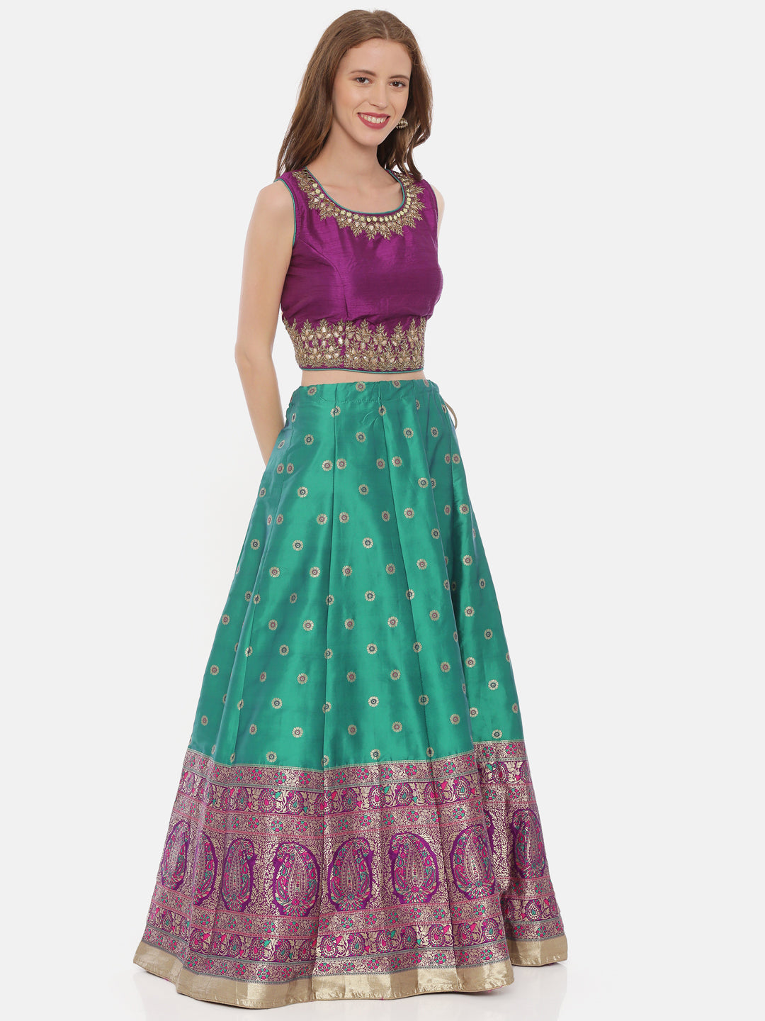 Neeru'S Purple Green Color,Banaras Fabric Ghagra Set