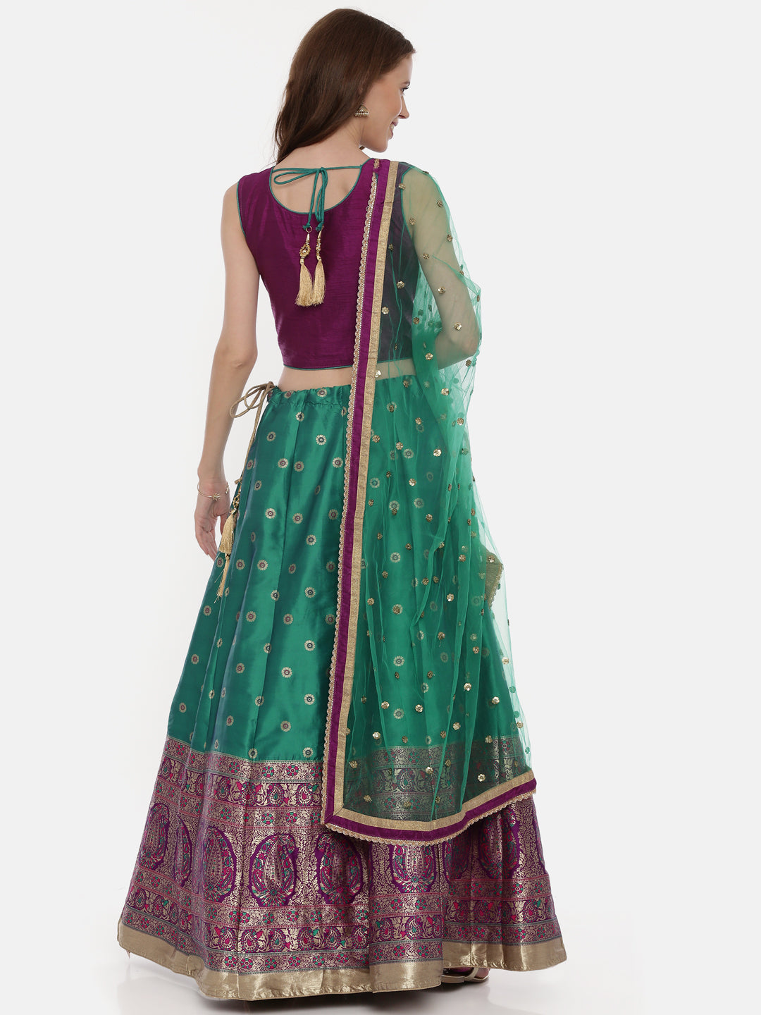 Neeru'S Purple Green Color,Banaras Fabric Ghagra Set