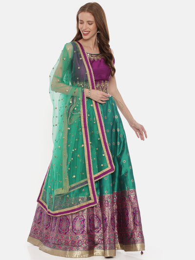 Neeru'S Purple Green Color,Banaras Fabric Ghagra Set